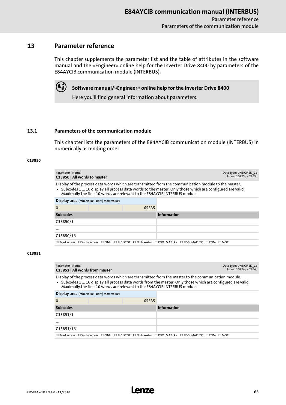 13 parameter reference, 1 parameters of the communication module, C13850 | all words to master | C13851 | all words from master, Parameter reference, Parameters of the communication module, E84aycib communication manual (interbus) | Lenze E84AYCIB User Manual | Page 63 / 75