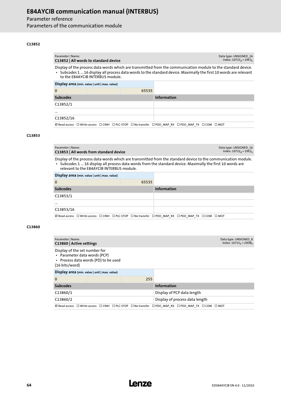 C13852 | all words to standard device, C13853 | all words from standard device, C13860 | active settings | Is displayed in, C13860/2, C13860/1, E84aycib communication manual (interbus) | Lenze E84AYCIB User Manual | Page 64 / 75