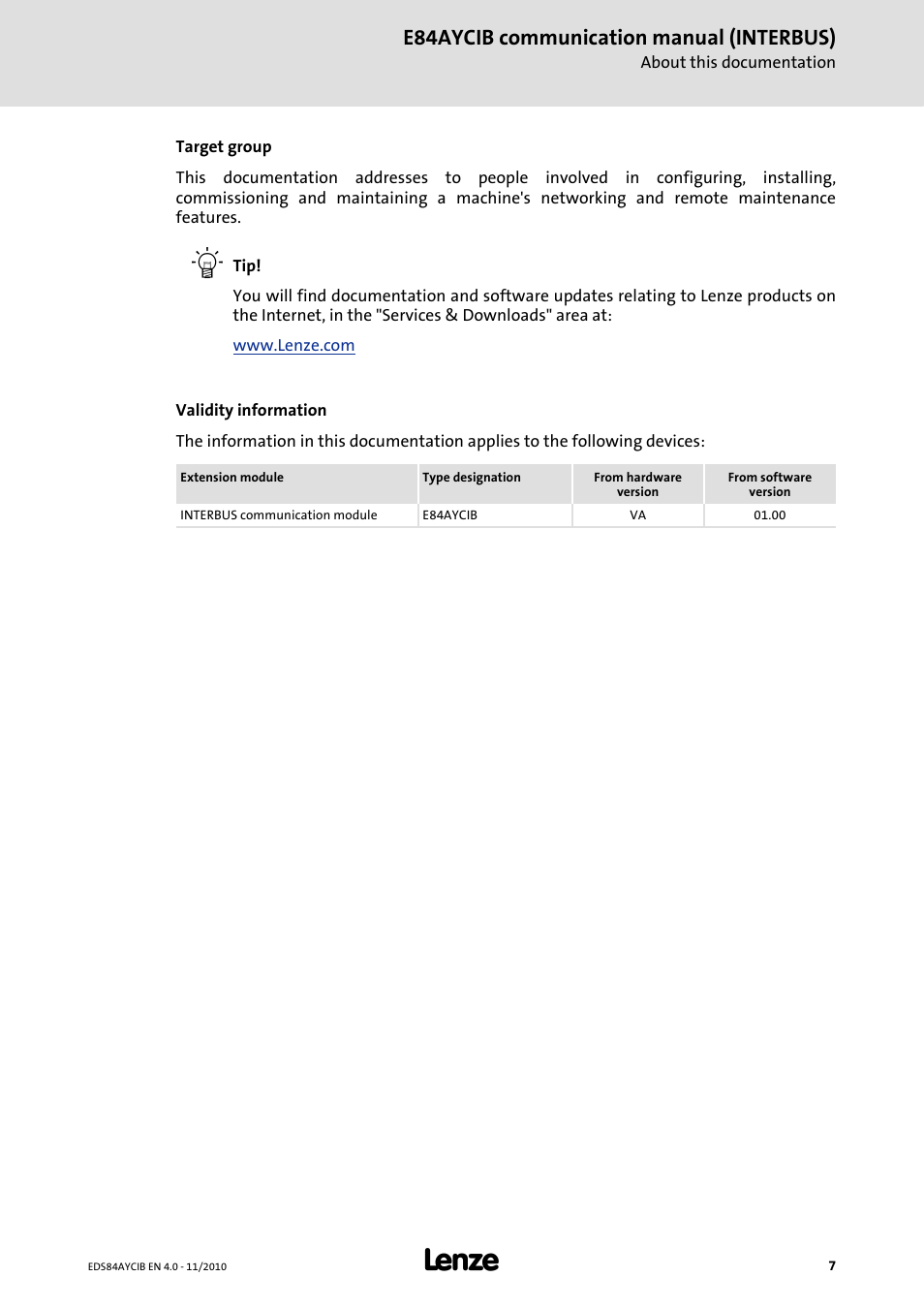 E84aycib communication manual (interbus) | Lenze E84AYCIB User Manual | Page 7 / 75