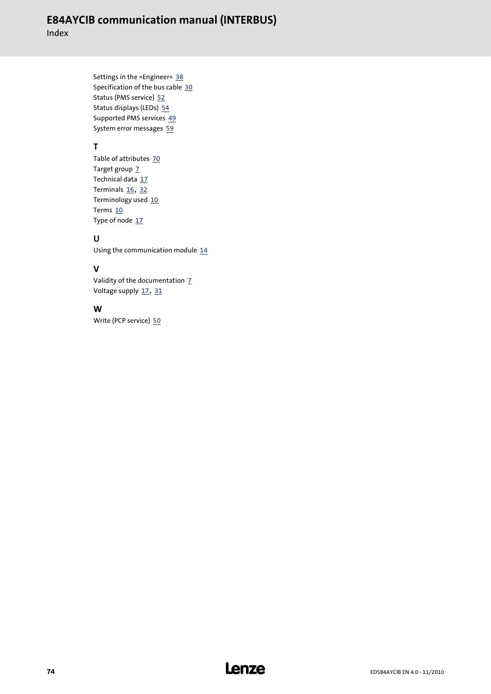 E84aycib communication manual (interbus) | Lenze E84AYCIB User Manual | Page 74 / 75