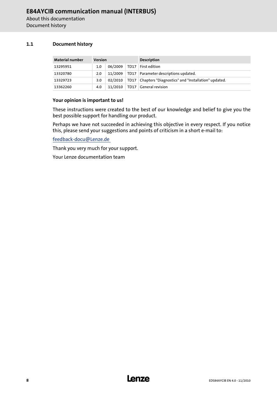 1 document history, Document history, E84aycib communication manual (interbus) | Lenze E84AYCIB User Manual | Page 8 / 75