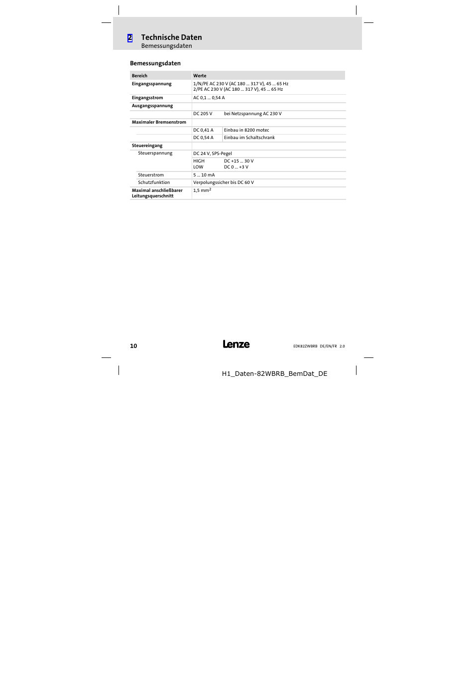 Bemessungsdaten, 2technische daten | Lenze E82ZWBRB User Manual | Page 10 / 48