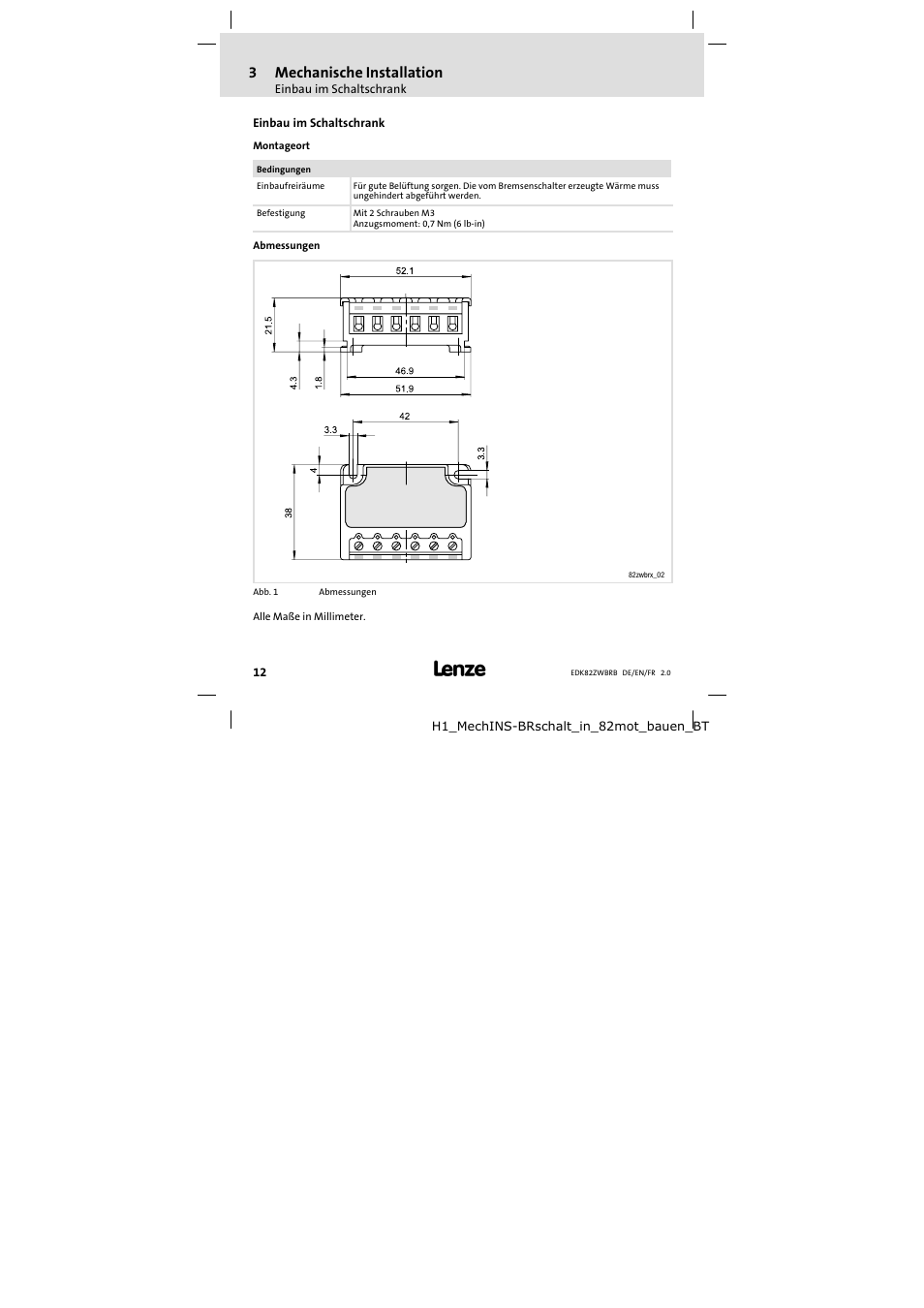 3 mechanische installation, Einbau im schaltschrank, Mechanische installation | 3mechanische installation | Lenze E82ZWBRB User Manual | Page 12 / 48