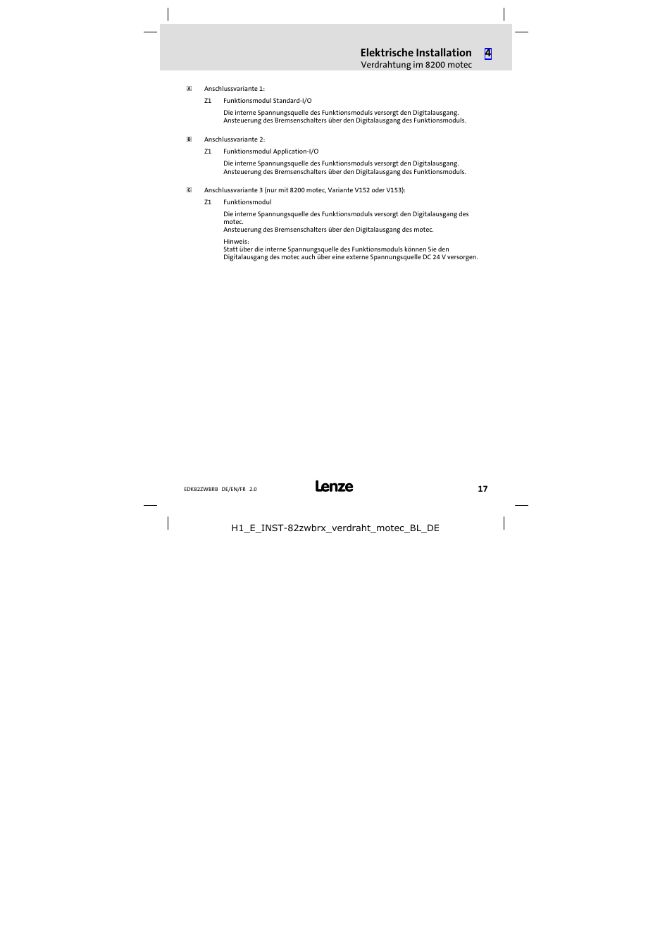 Elektrische installation | Lenze E82ZWBRB User Manual | Page 17 / 48