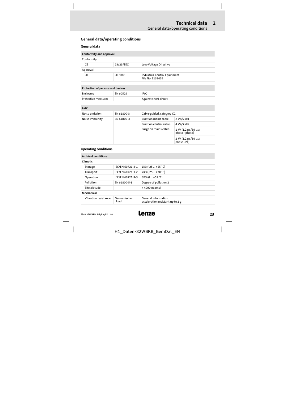 2 technical data, General data/operating conditions, Technical data | Lenze E82ZWBRB User Manual | Page 23 / 48