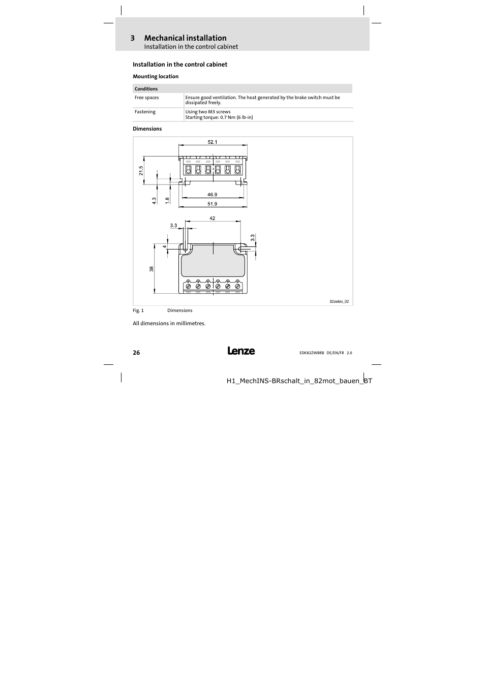 3 mechanical installation, Installation in the control cabinet, Mechanical installation | 3mechanical installation | Lenze E82ZWBRB User Manual | Page 26 / 48