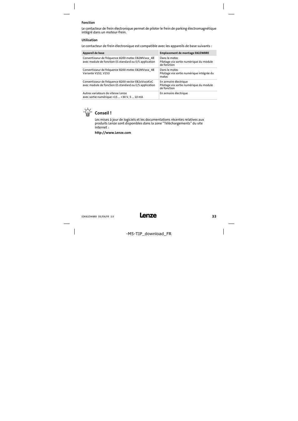 Fonction | Lenze E82ZWBRB User Manual | Page 33 / 48