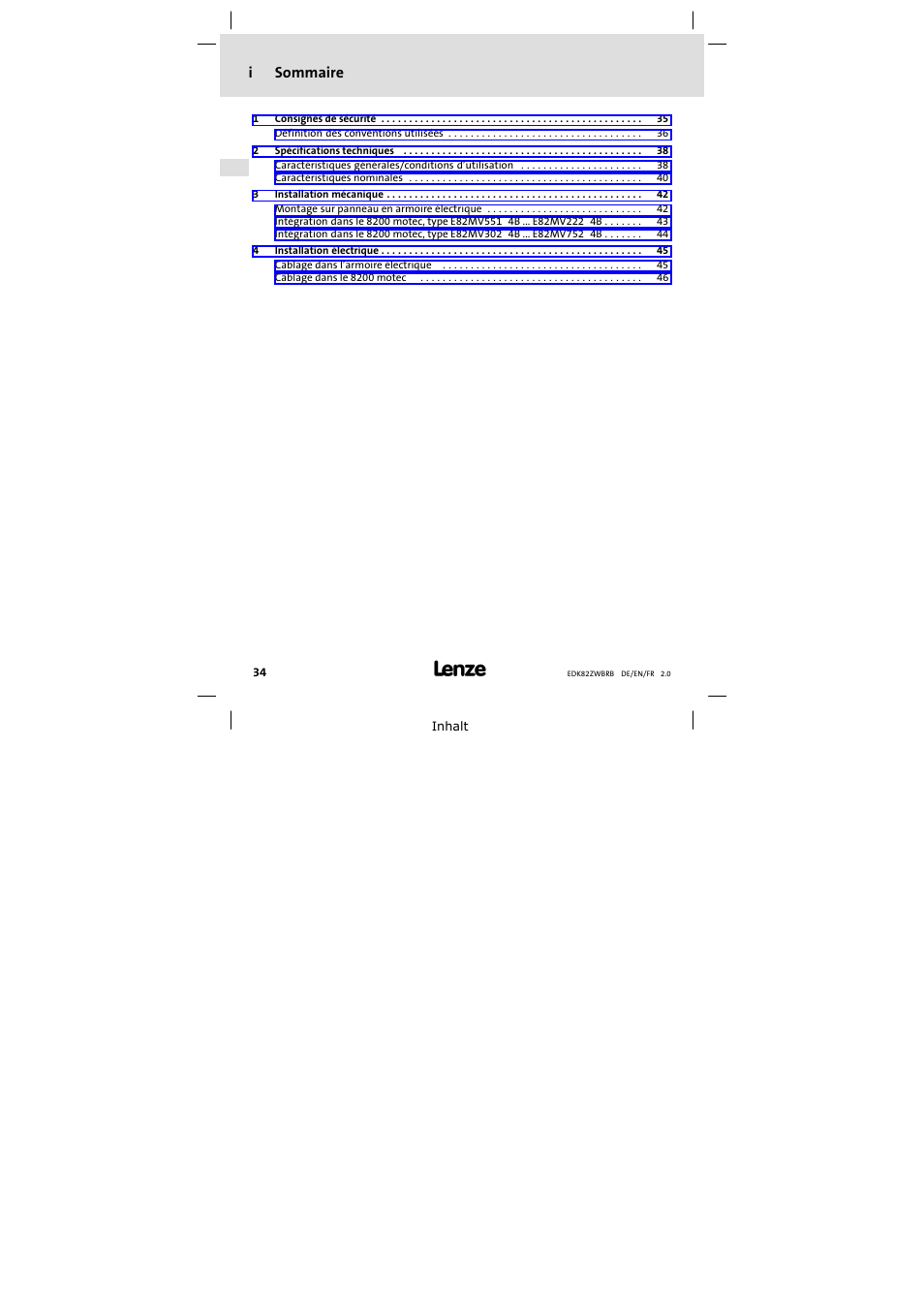 Sommaire, Isommaire | Lenze E82ZWBRB User Manual | Page 34 / 48