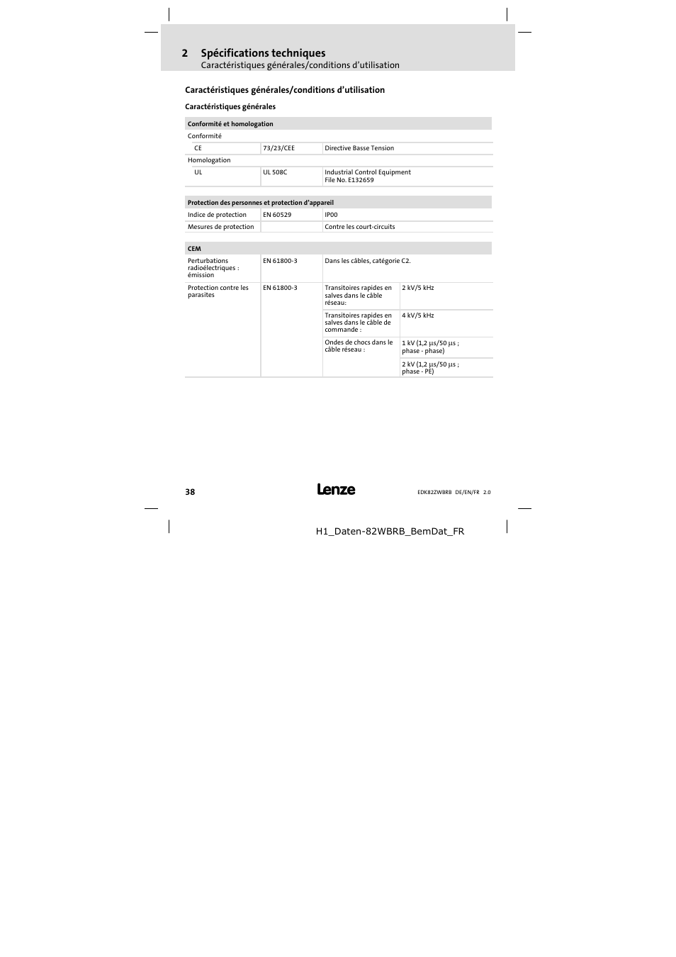 2 spécifications techniques, Spécifications techniques, 2spécifications techniques | Lenze E82ZWBRB User Manual | Page 38 / 48