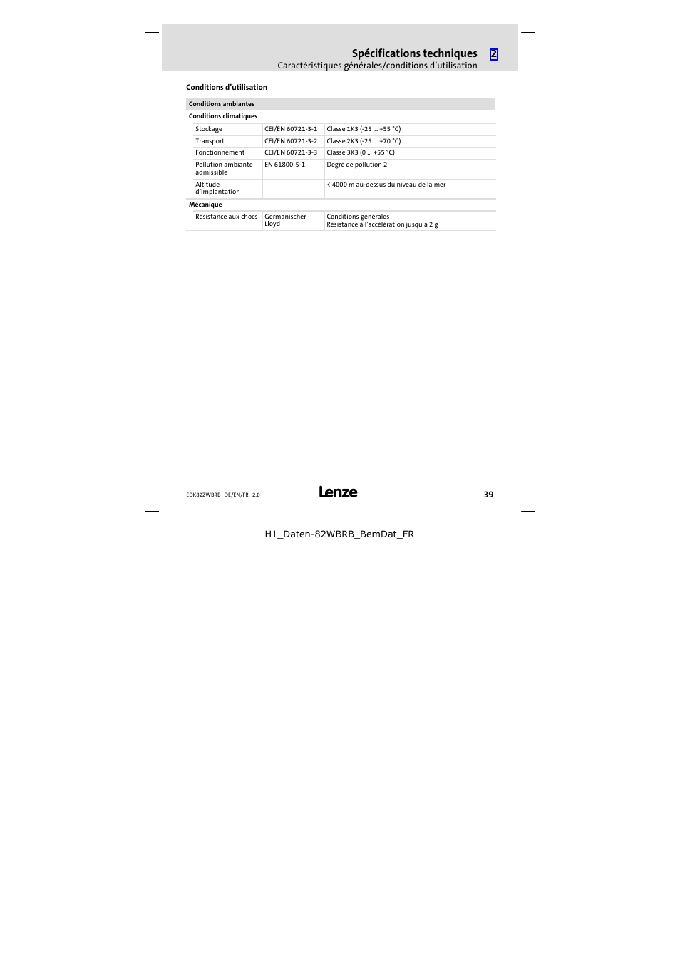 Spécifications techniques | Lenze E82ZWBRB User Manual | Page 39 / 48