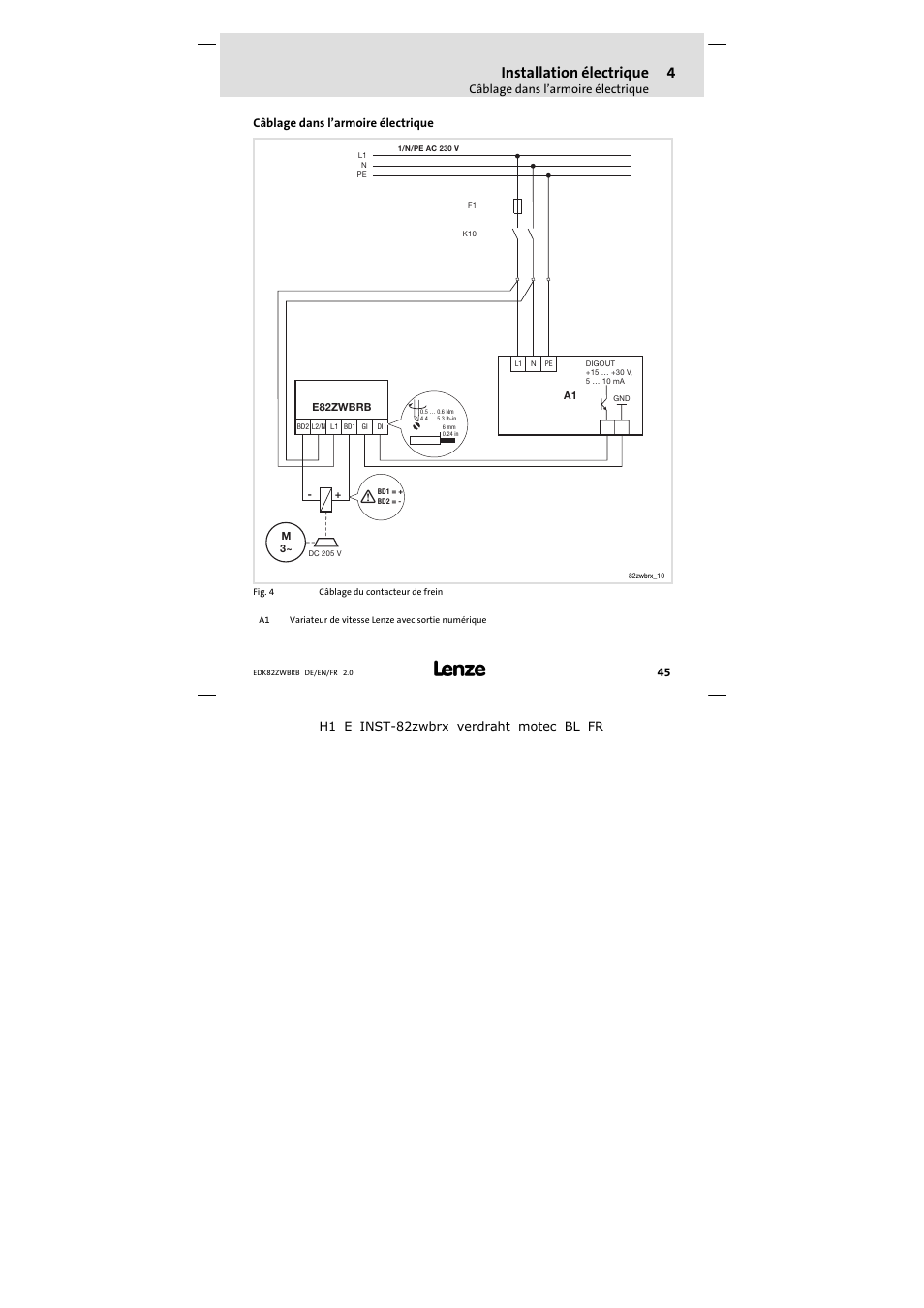 4 installation électrique, Câblage dans l'armoire électrique, Installation électrique | Câblage dans l’armoire électrique | Lenze E82ZWBRB User Manual | Page 45 / 48