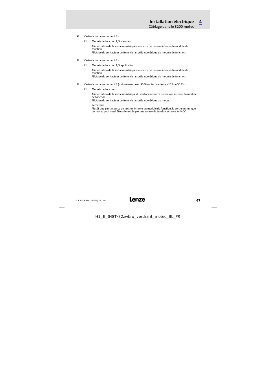 Installation électrique | Lenze E82ZWBRB User Manual | Page 47 / 48