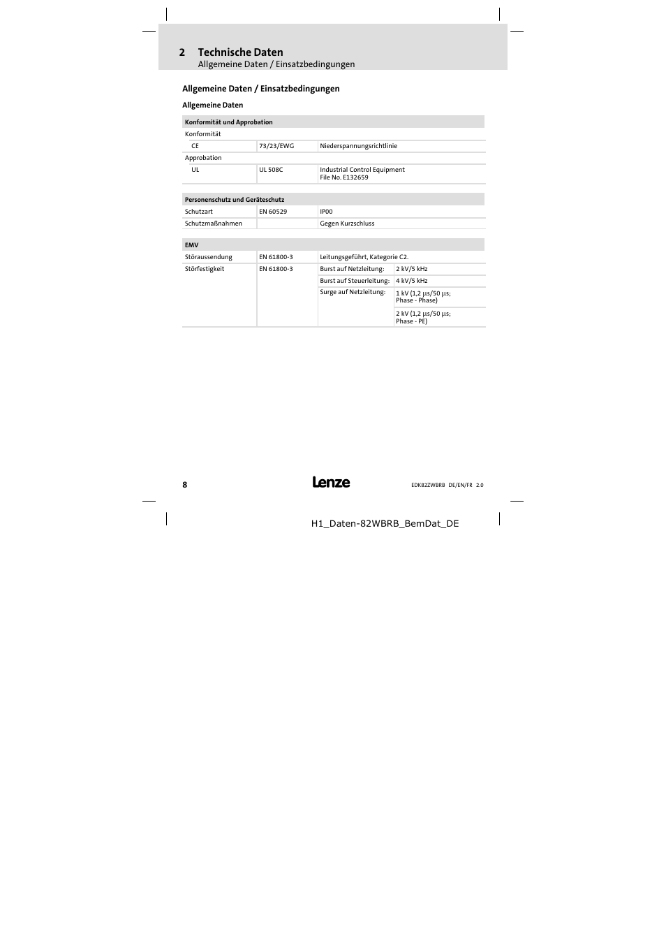 2 technische daten, Allgemeine daten / einsatzbedingungen, Technische daten | 2technische daten | Lenze E82ZWBRB User Manual | Page 8 / 48