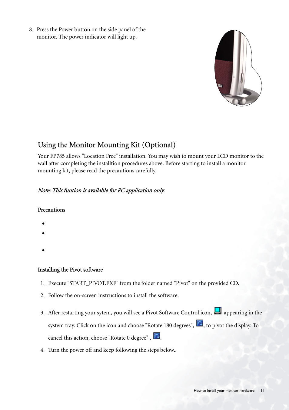 Using the monitor mounting kit (optional) | BenQ FP785 User Manual | Page 11 / 56