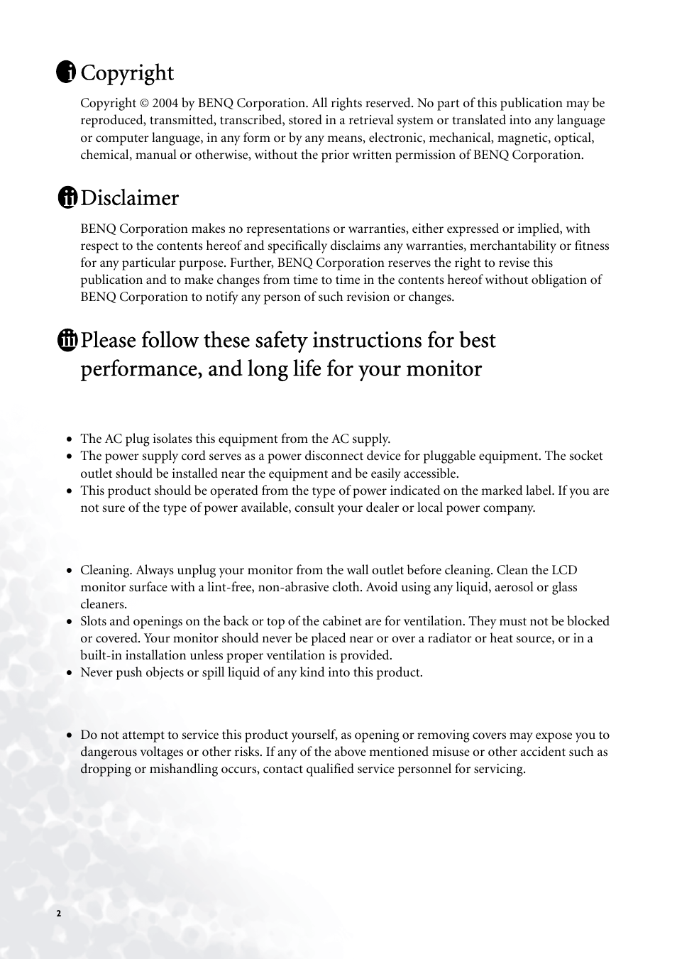 Copyright, Disclaimer, Power safety | Care and cleaning, Servicing | BenQ FP785 User Manual | Page 2 / 56