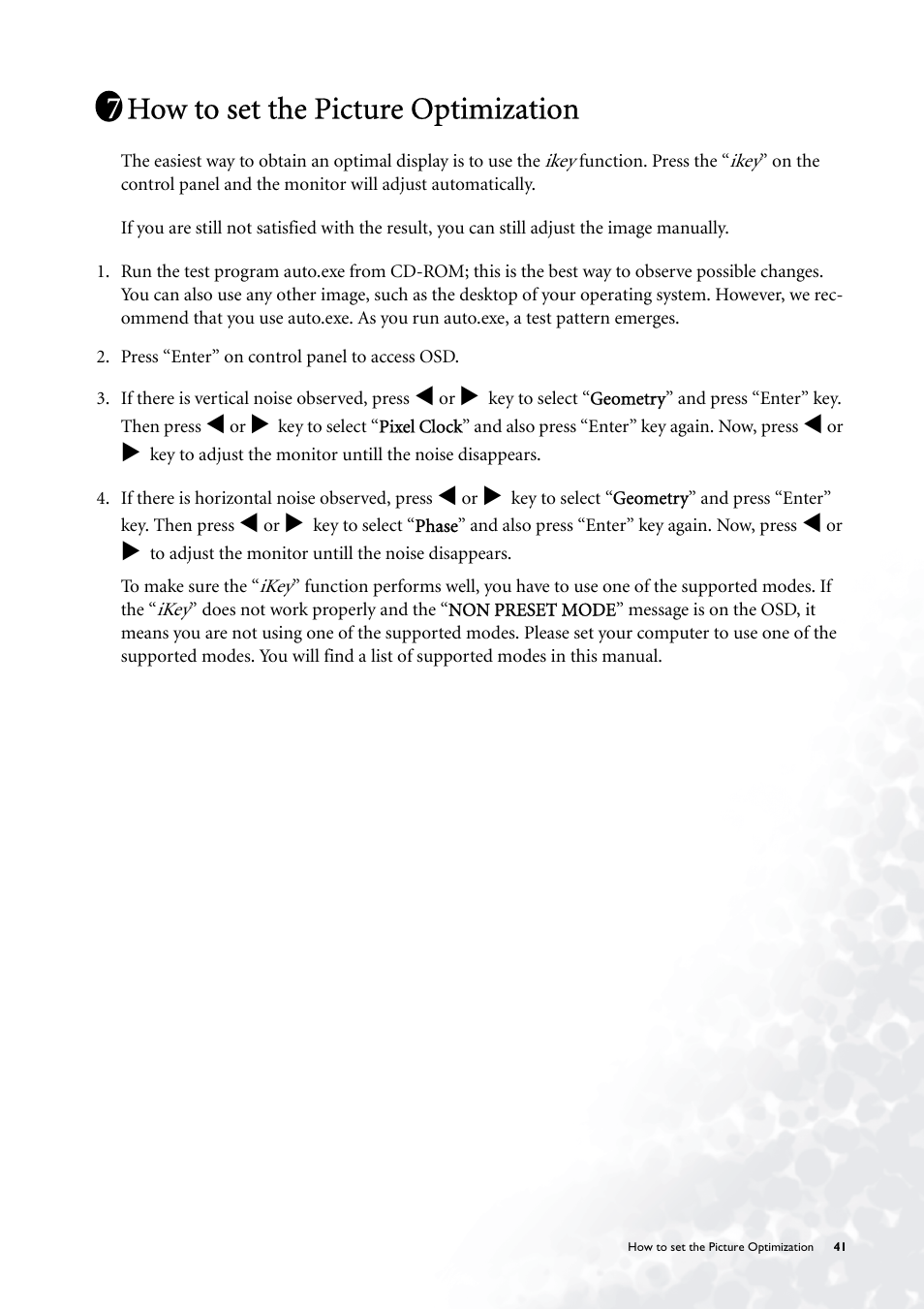 How to set the picture optimization | BenQ FP785 User Manual | Page 41 / 56
