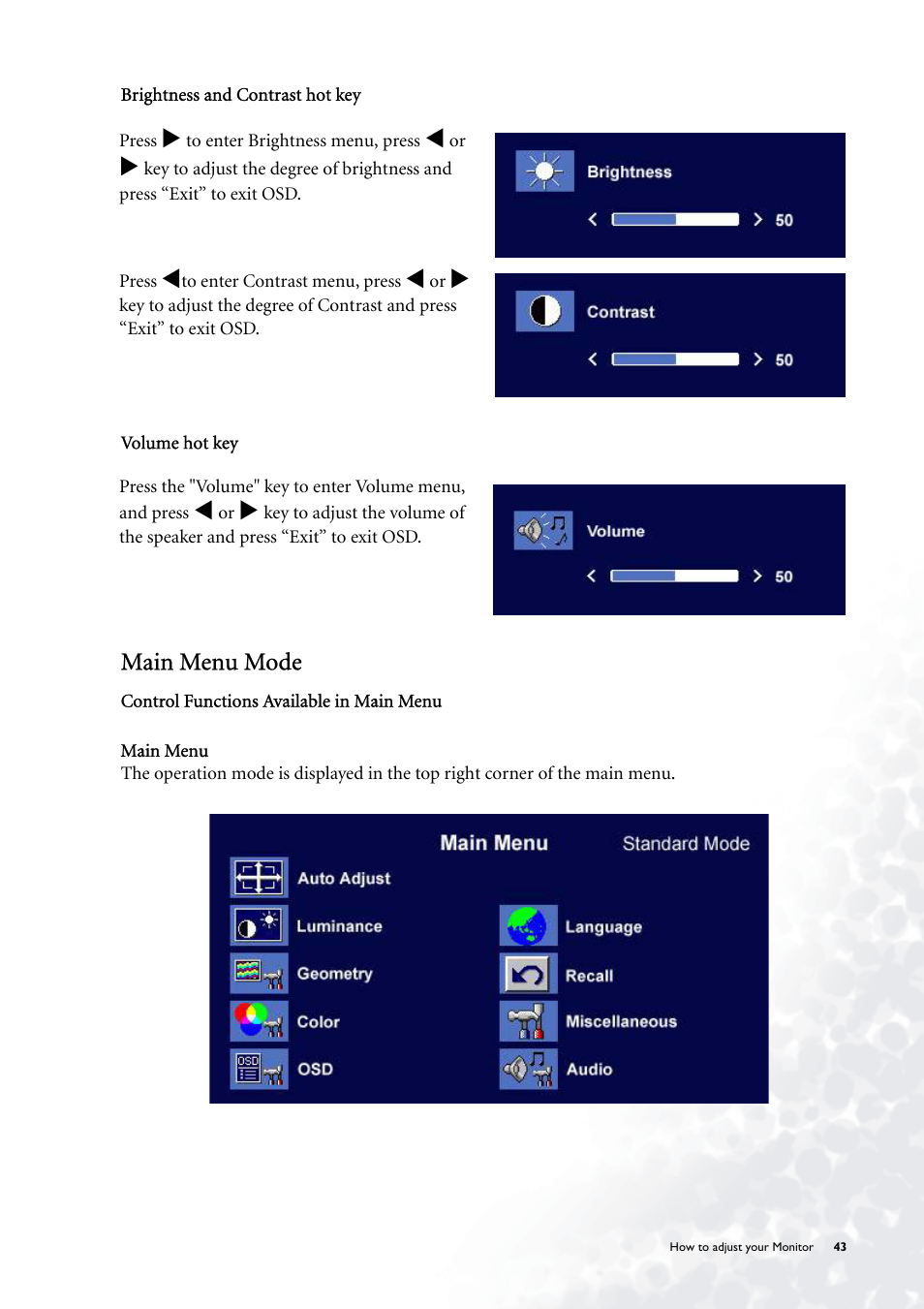 Main menu mode | BenQ FP785 User Manual | Page 43 / 56
