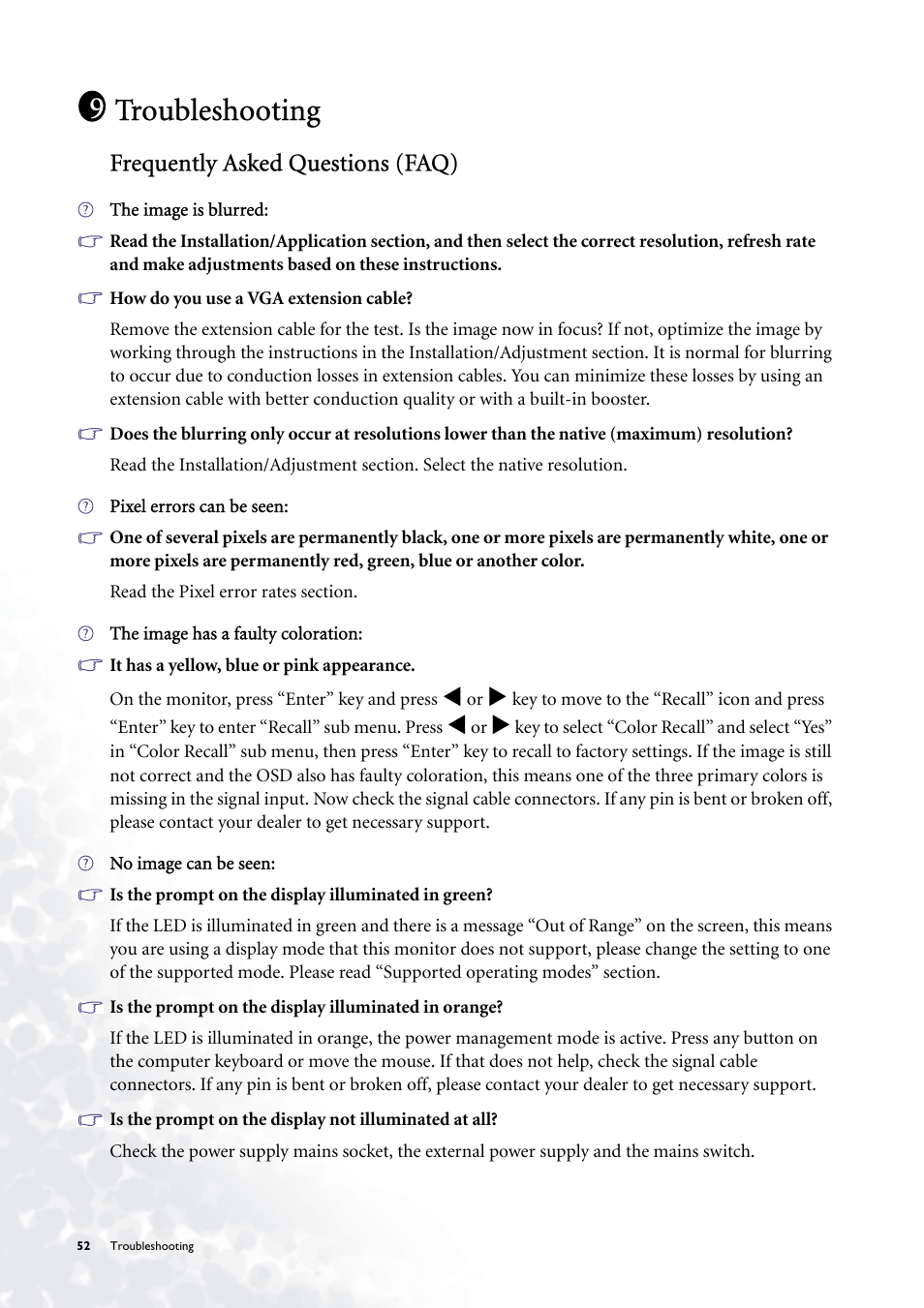 Troubleshooting, Frequently asked questions (faq) | BenQ FP785 User Manual | Page 52 / 56