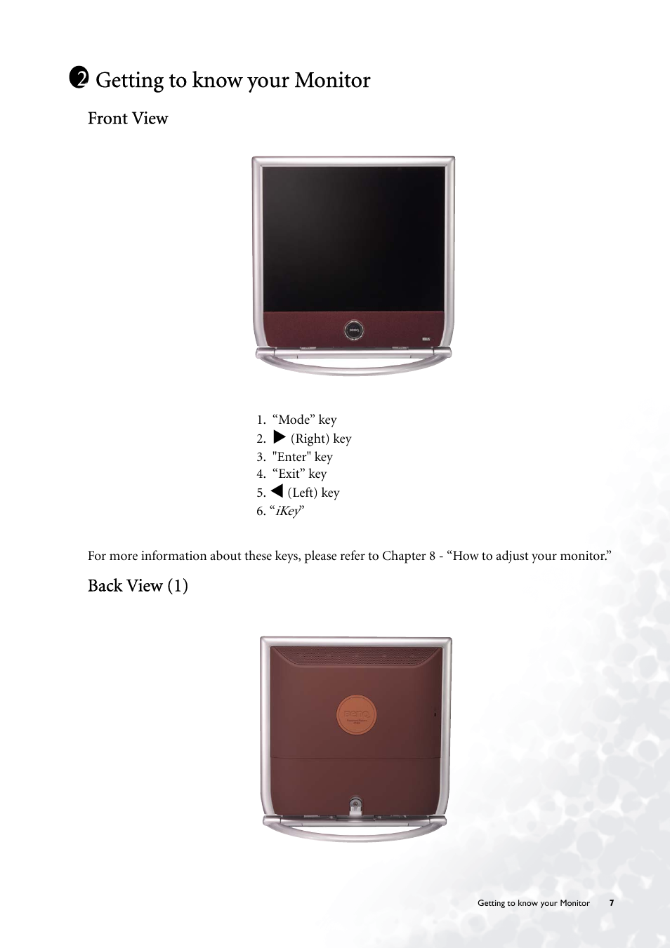 Getting to know your monitor, Front view, Back view (1) | BenQ FP785 User Manual | Page 7 / 56