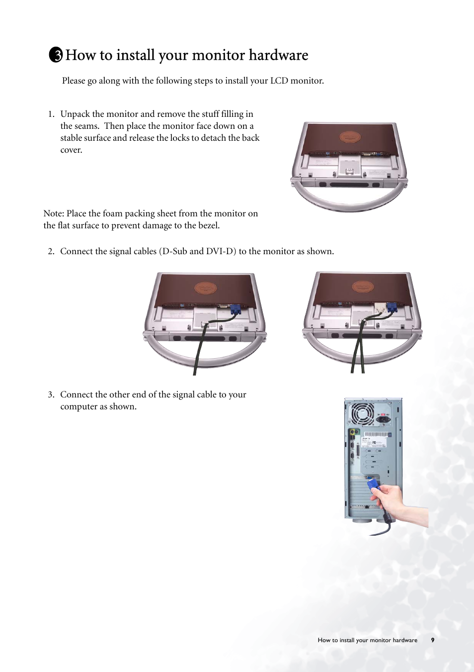 How to install your monitor hardware | BenQ FP785 User Manual | Page 9 / 56