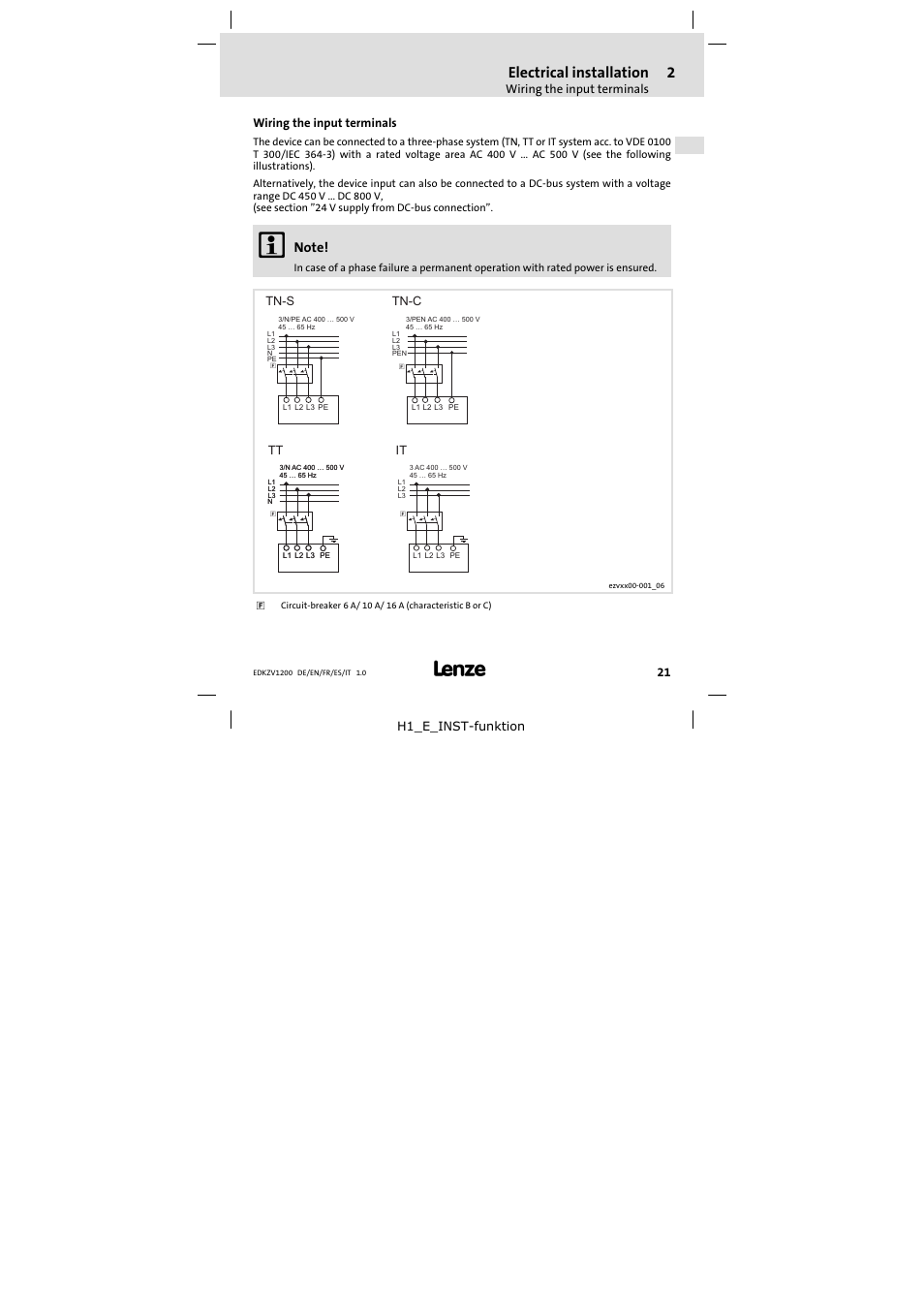 Wiring the input terminals, Electrical installation | Lenze EZVxx00−001 Power supply unit AC 400V 5A-20A User Manual | Page 21 / 64