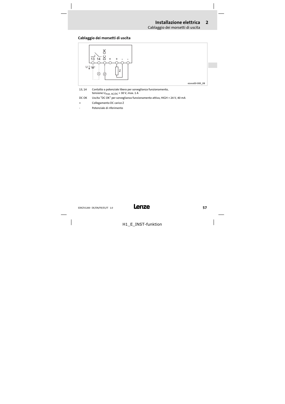 Cablaggio dei morsetti di uscita, Installazione elettrica | Lenze EZVxx00−001 Power supply unit AC 400V 5A-20A User Manual | Page 57 / 64