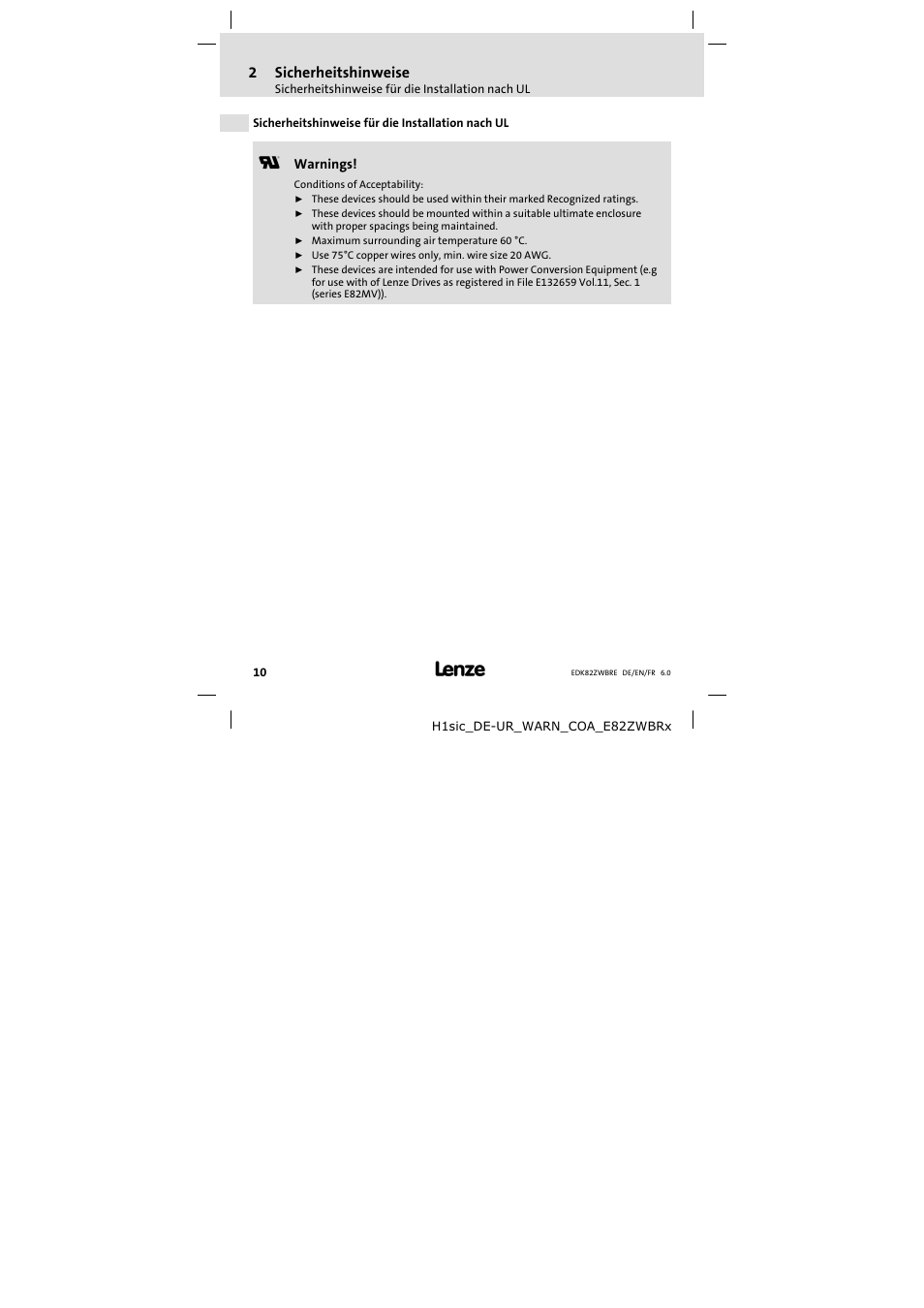 Sicherheitshinweise für die installation nach ul | Lenze E82ZWBRE User Manual | Page 10 / 64