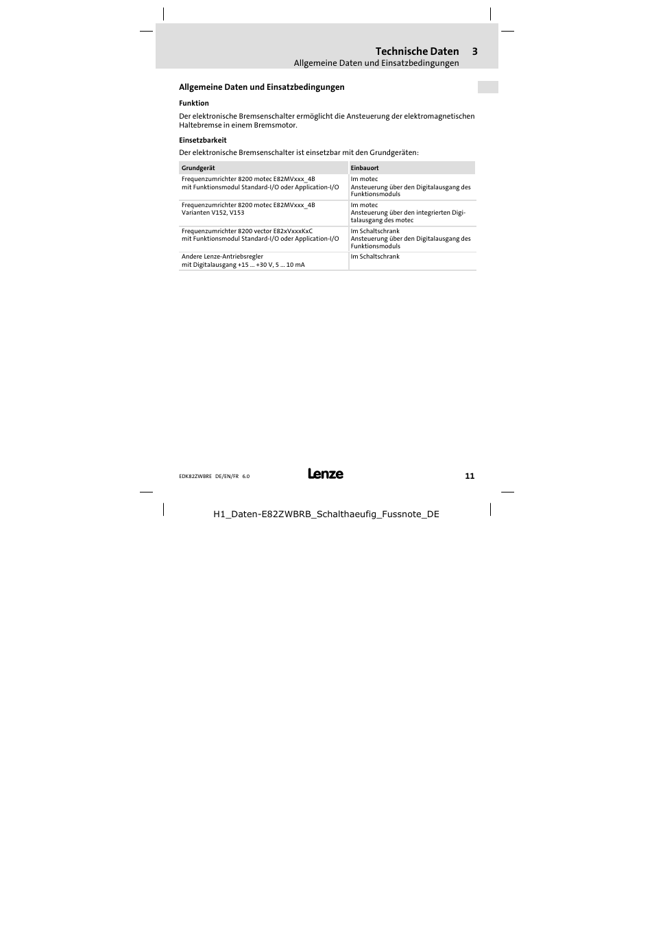 Technische daten, Allgemeine daten und einsatzbedingungen | Lenze E82ZWBRE User Manual | Page 11 / 64