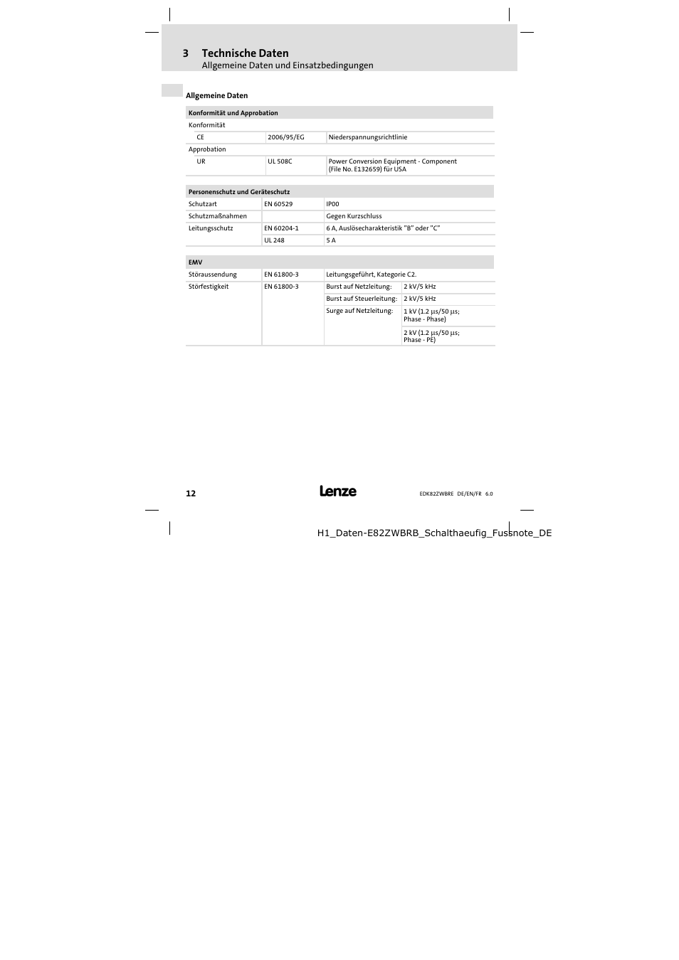 3technische daten | Lenze E82ZWBRE User Manual | Page 12 / 64