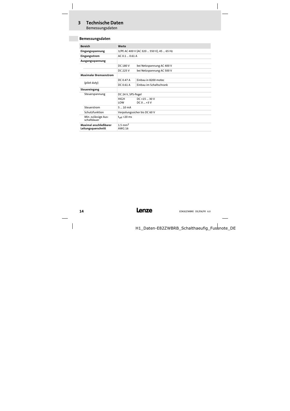 Bemessungsdaten, 3technische daten | Lenze E82ZWBRE User Manual | Page 14 / 64