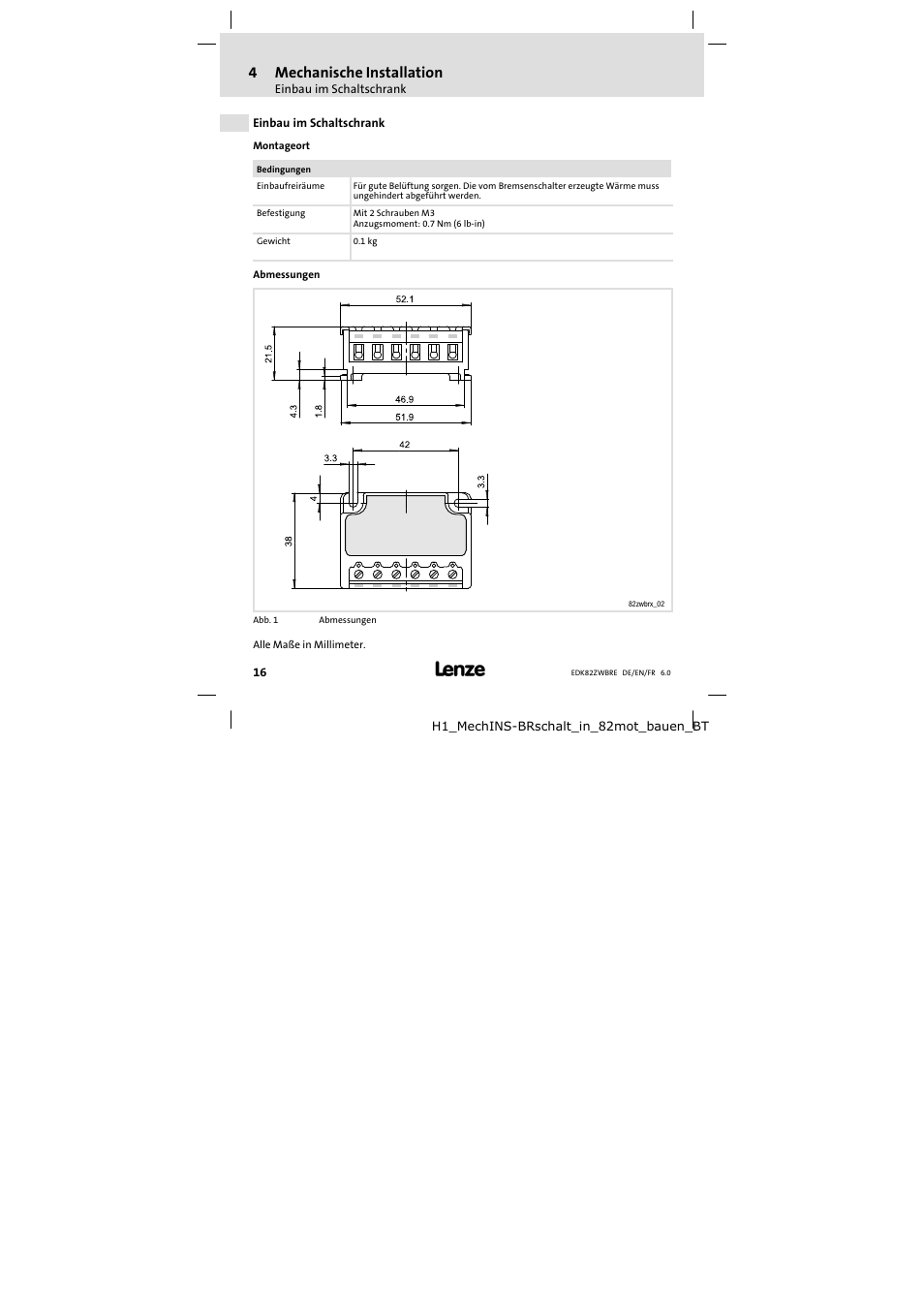 Mechanische installation, Einbau im schaltschrank, 4mechanische installation | Lenze E82ZWBRE User Manual | Page 16 / 64