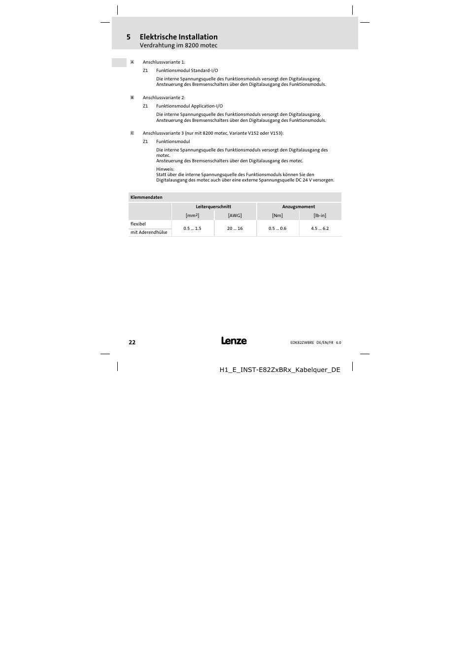 5elektrische installation | Lenze E82ZWBRE User Manual | Page 22 / 64