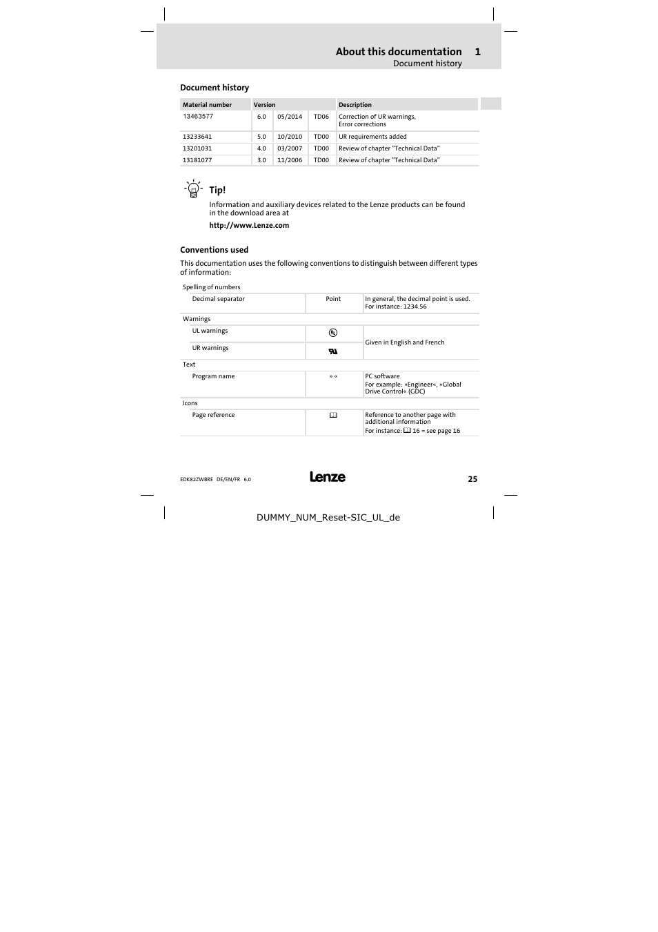 Document history, Conventions used, About this documentation | Lenze E82ZWBRE User Manual | Page 25 / 64