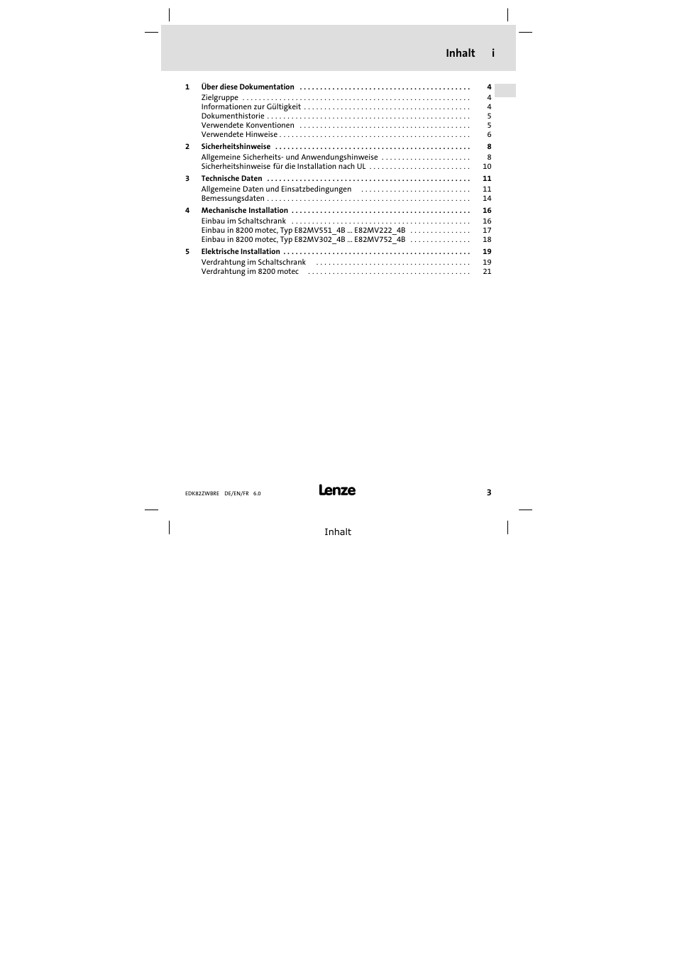 Inhalt, Inhalt i | Lenze E82ZWBRE User Manual | Page 3 / 64