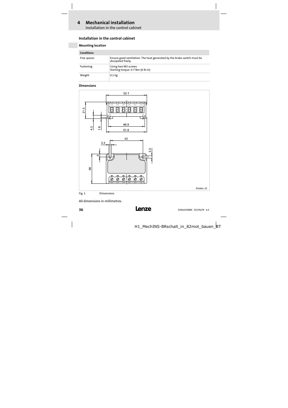 Mechanical installation, Installation in the control cabinet, 4mechanical installation | Lenze E82ZWBRE User Manual | Page 36 / 64
