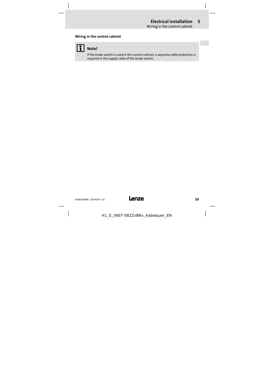 Electrical installation, Wiring in the control cabinet | Lenze E82ZWBRE User Manual | Page 39 / 64