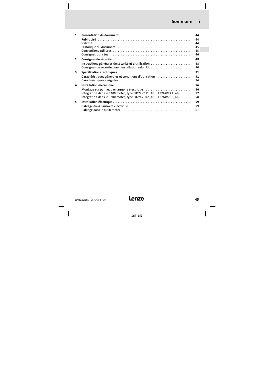 Sommaire, Sommaire i | Lenze E82ZWBRE User Manual | Page 43 / 64