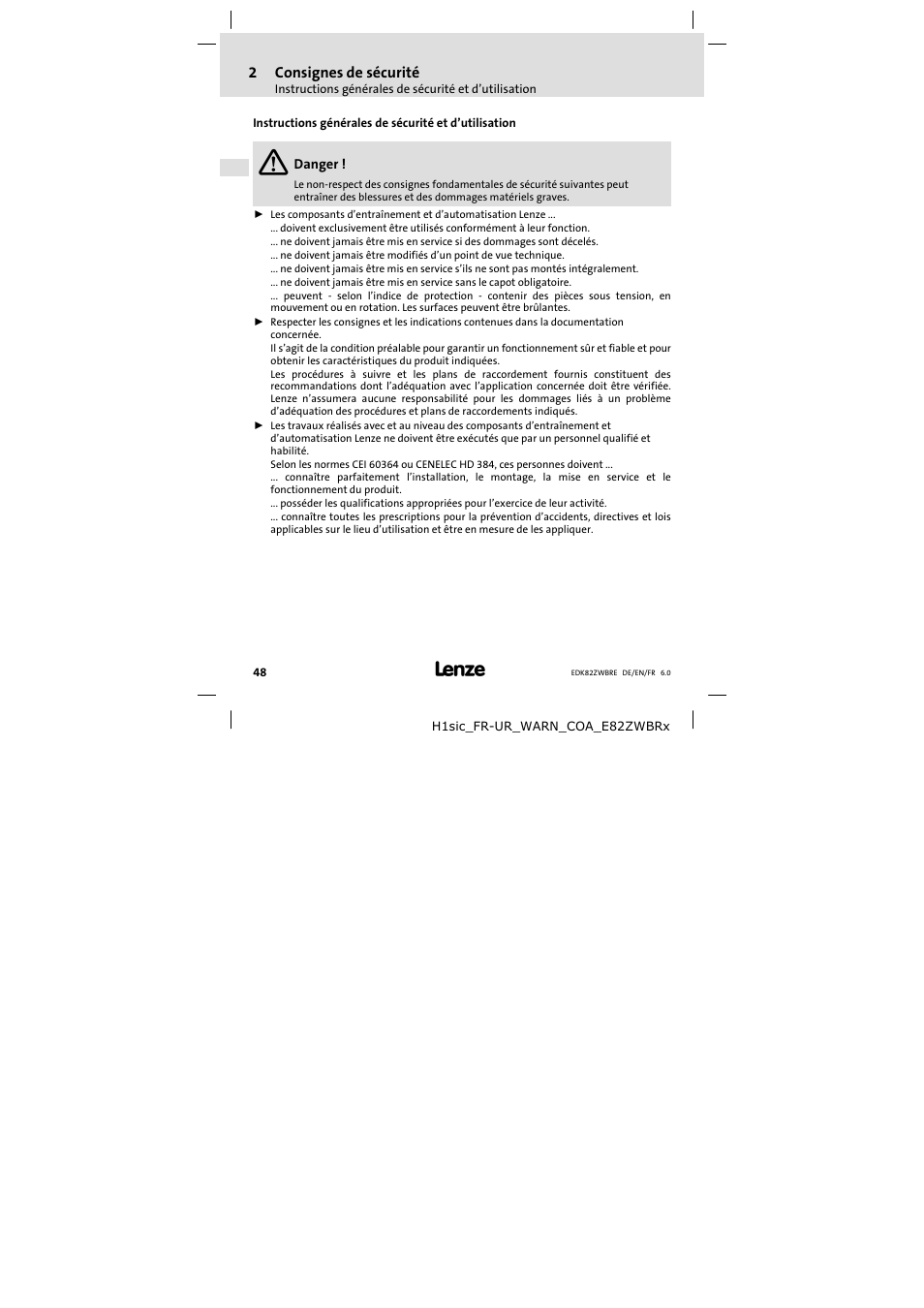 Consignes de sécurité | Lenze E82ZWBRE User Manual | Page 48 / 64