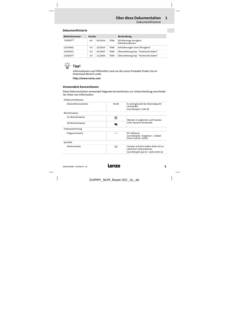 Dokumenthistorie, Verwendete konventionen, Über diese dokumentation | Lenze E82ZWBRE User Manual | Page 5 / 64