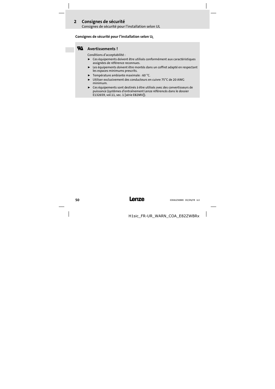 Consignes de sécurité pour l'installation selon ul, Consignes de sécurité pour l’installation selon ul | Lenze E82ZWBRE User Manual | Page 50 / 64