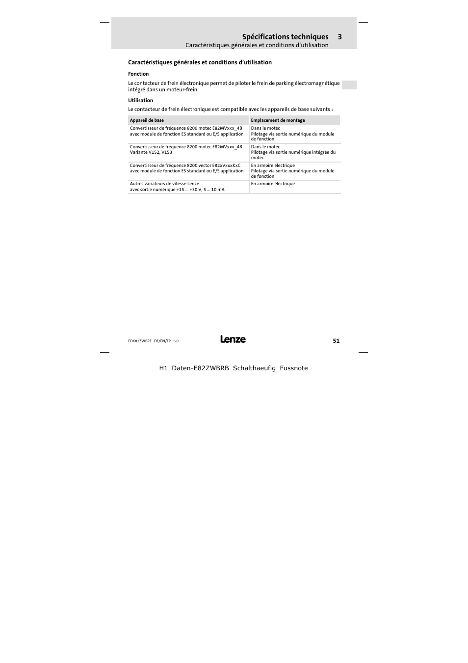 Spécifications techniques | Lenze E82ZWBRE User Manual | Page 51 / 64