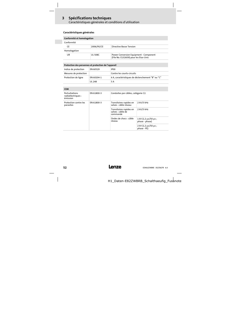 3spécifications techniques | Lenze E82ZWBRE User Manual | Page 52 / 64