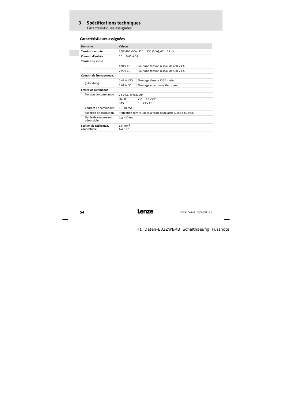 Caractéristiques assignées, 3spécifications techniques | Lenze E82ZWBRE User Manual | Page 54 / 64