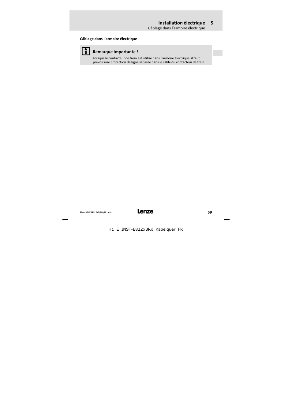 Installation électrique, Câblage dans l'armoire électrique, Câblage dans l’armoire électrique | Lenze E82ZWBRE User Manual | Page 59 / 64