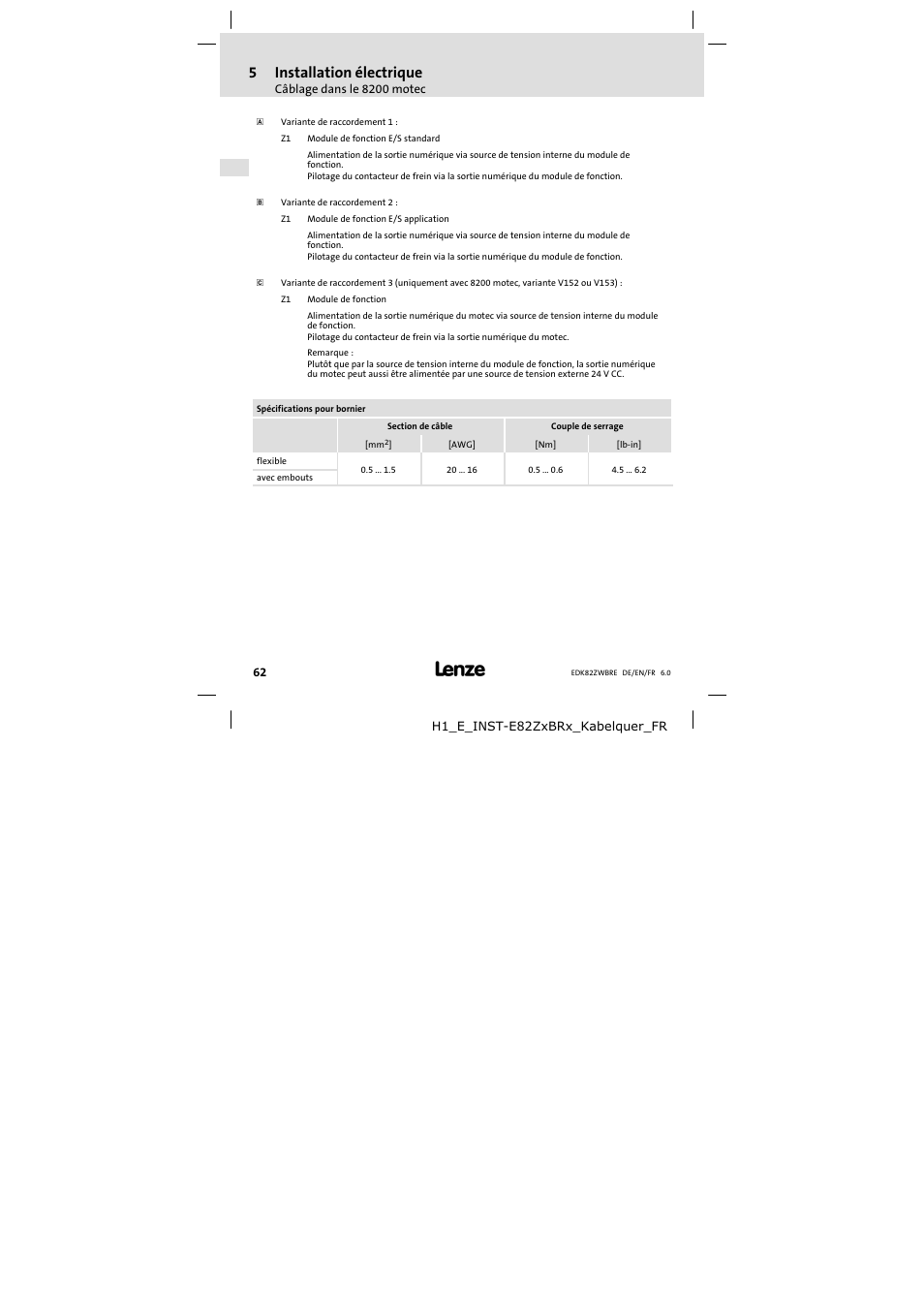 5installation électrique | Lenze E82ZWBRE User Manual | Page 62 / 64
