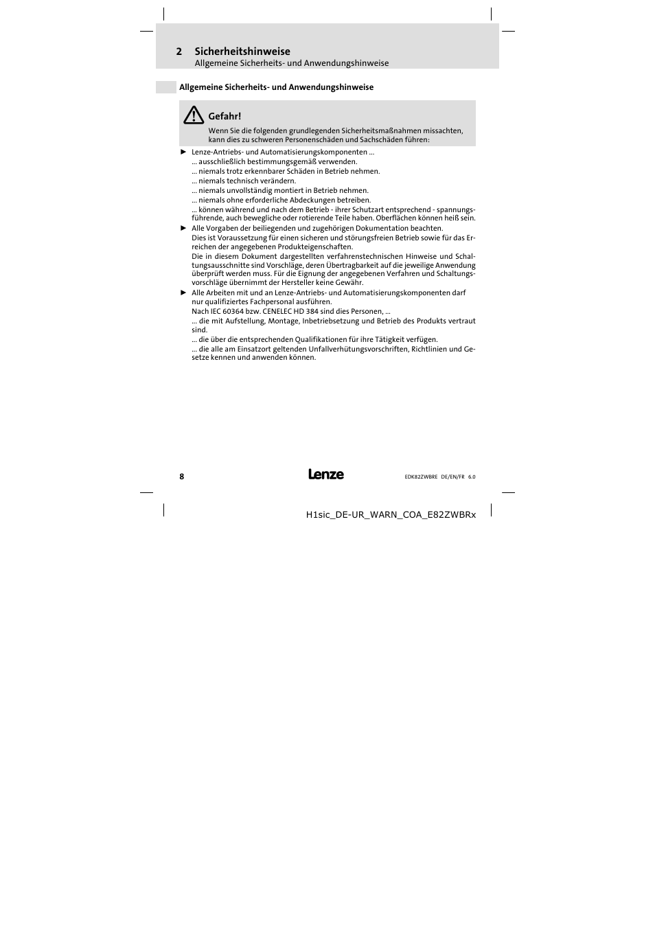 Sicherheitshinweise, Allgemeine sicherheits- und anwendungshinweise, Allgemeine sicherheits− und anwendungshinweise | Lenze E82ZWBRE User Manual | Page 8 / 64
