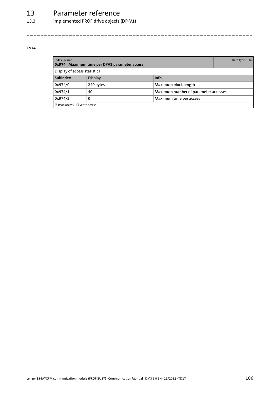 0x974 | maximum time per dpv1 parameter access, 13 parameter reference | Lenze E84AYCPM User Manual | Page 106 / 115
