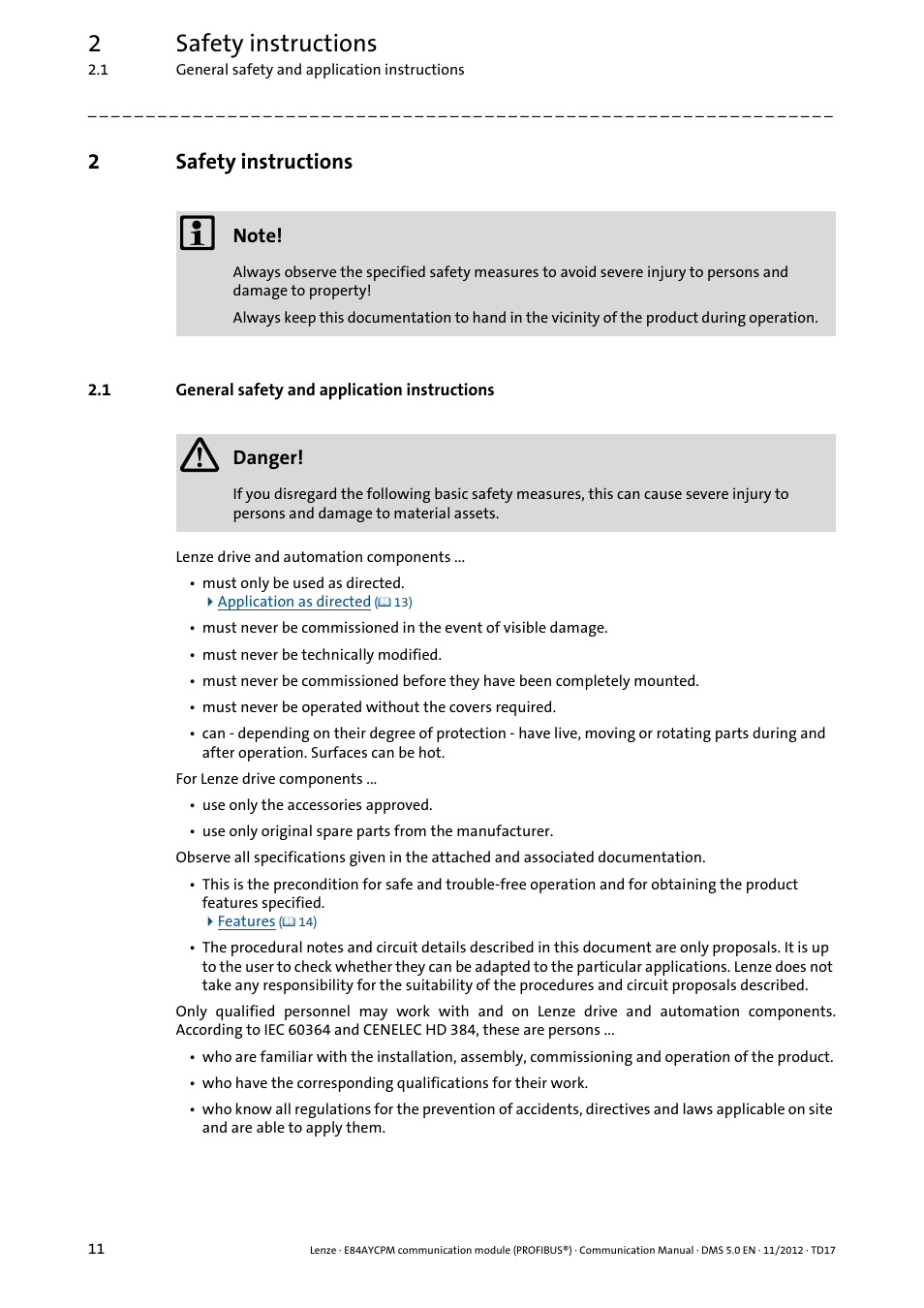 2 safety instructions, 1 general safety and application instructions, Safety instructions | General safety and application instructions, 2safety instructions | Lenze E84AYCPM User Manual | Page 11 / 115