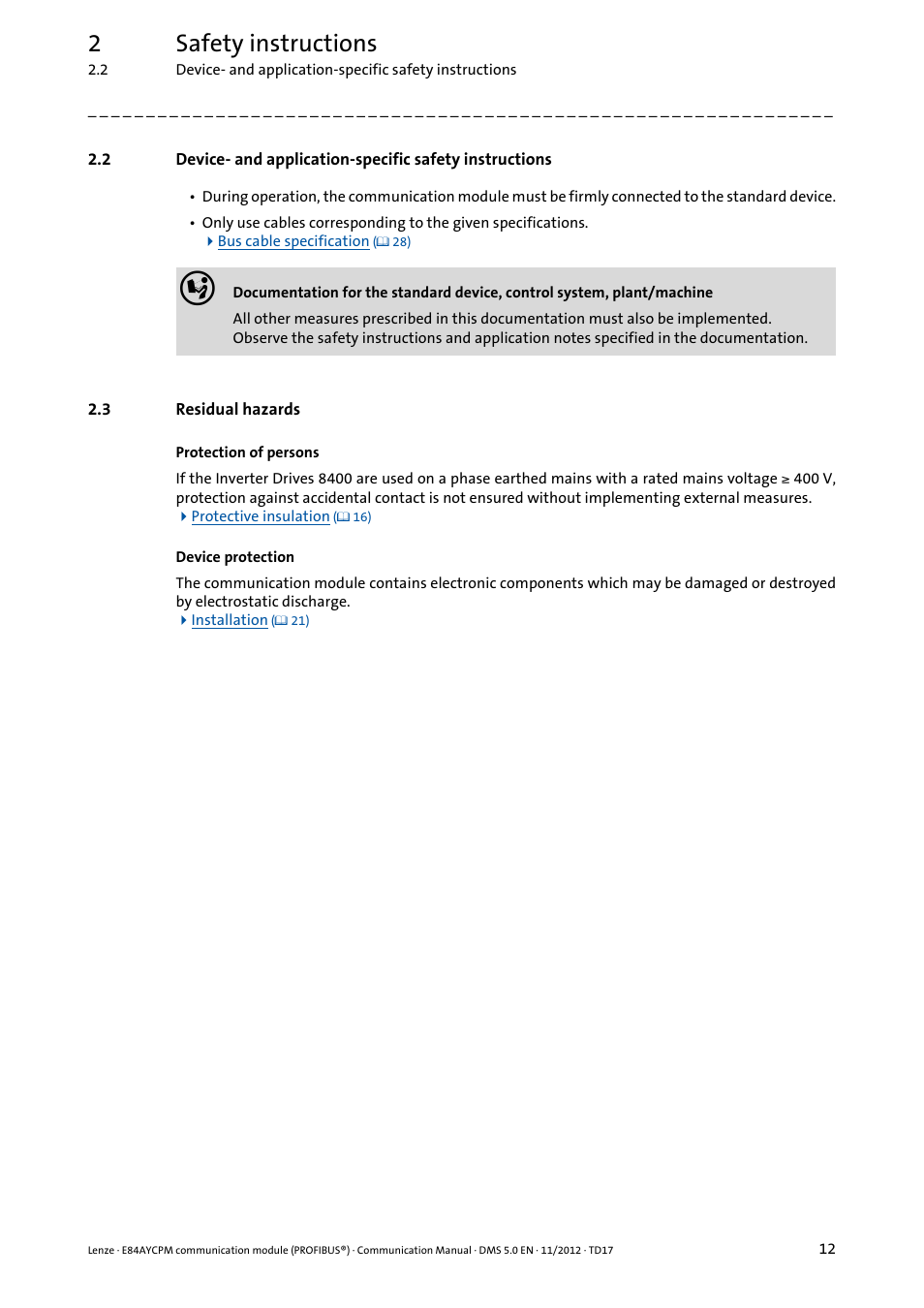 3 residual hazards, Residual hazards, 2safety instructions | Lenze E84AYCPM User Manual | Page 12 / 115