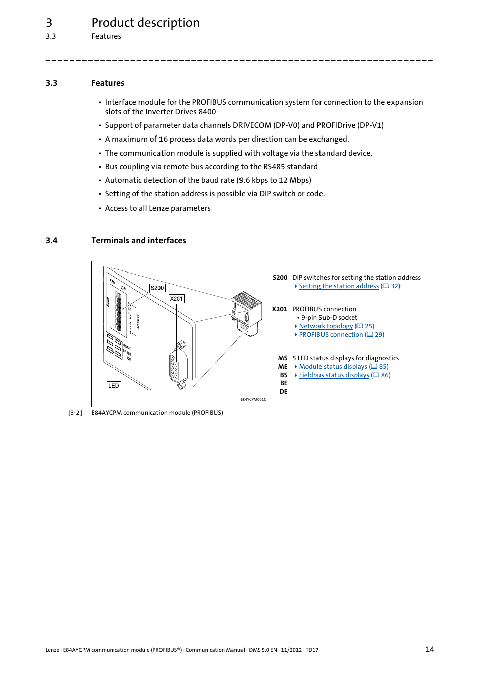 3 features, 4 terminals and interfaces, Features | Terminals and interfaces, 3product description | Lenze E84AYCPM User Manual | Page 14 / 115